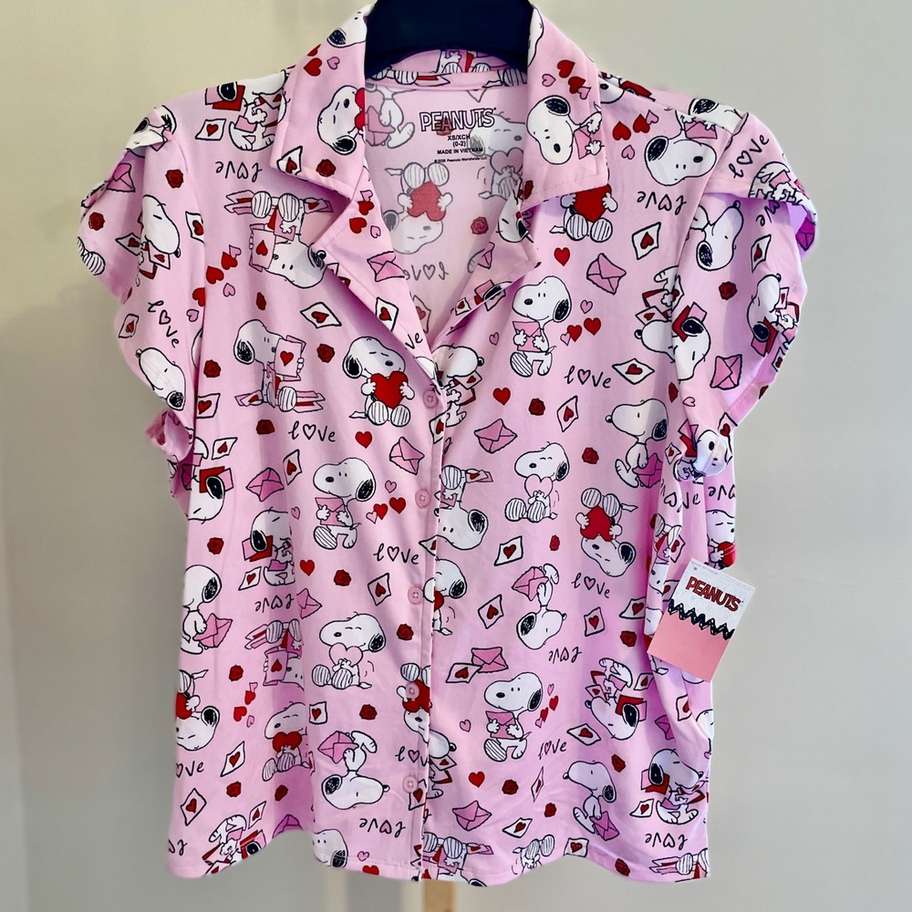 Peanuts Snoopy Valentines Day Pajama Set Pink Heart Print XS 0-2 New